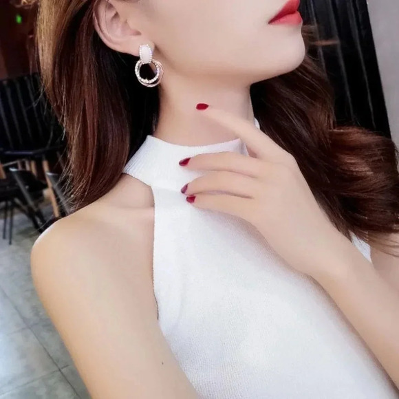 Gold & Pink Acrylic Diamond Hoop Stud Earrings - Picture 4 of 5